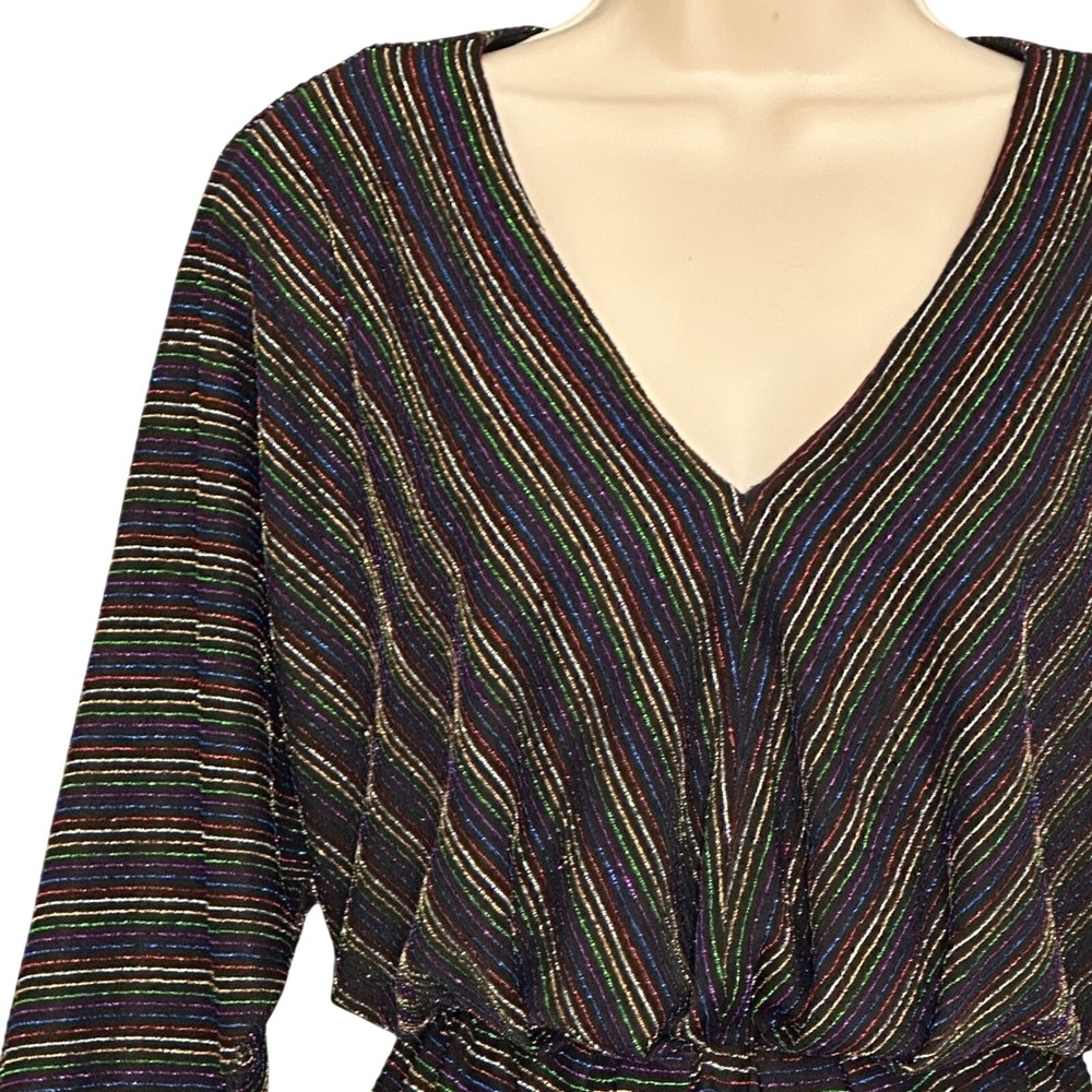 Trina Turk Womens Dress 2 Black Rainbow Sparkle Stripe Faux Wrap Party Festive